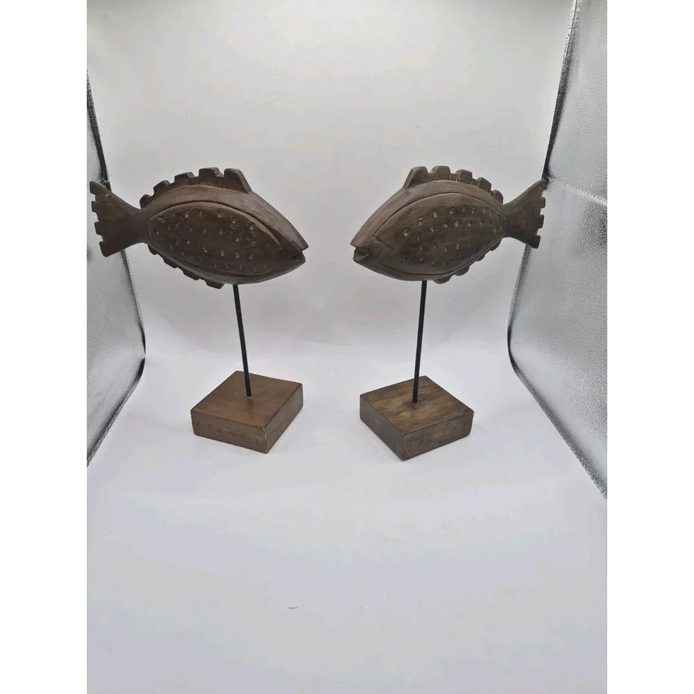 Wooden Hand Carved Fish On A Pedestal Portofino Rustic Coastal Decor